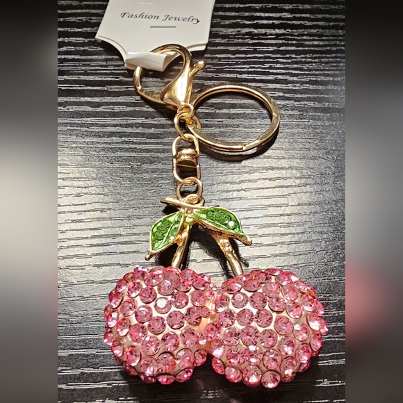 Pink and Green Crystal Cherry Keychain - Picture 2 of 2